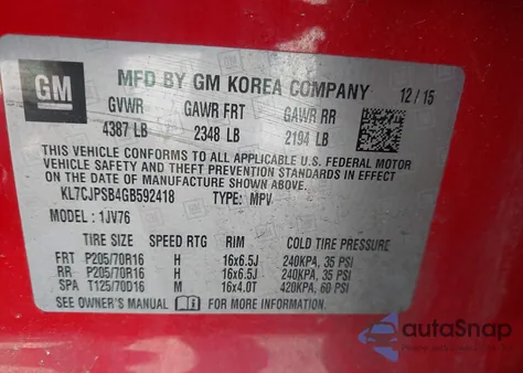 2016 Chevrolet Trax Lt из США, поврежденный, VIN KL7CJPSB4GB592418